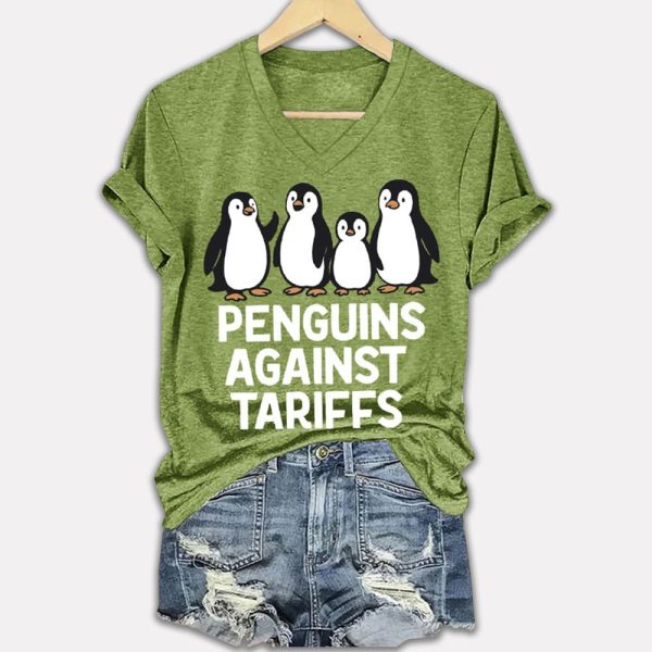 Penguins Against Tariffs Printed V Neck T shirt 2