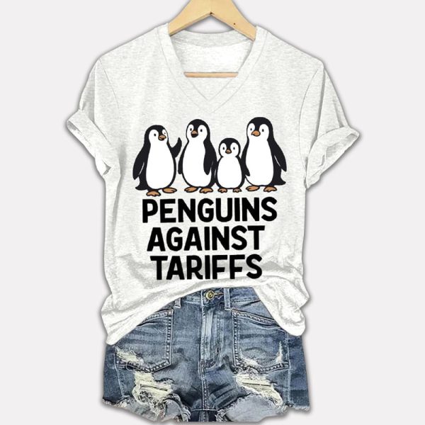 Penguins Against Tariffs Printed V Neck T shirt 3