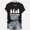 Penguins Against Tariffs Printed V Neck T shirt 4