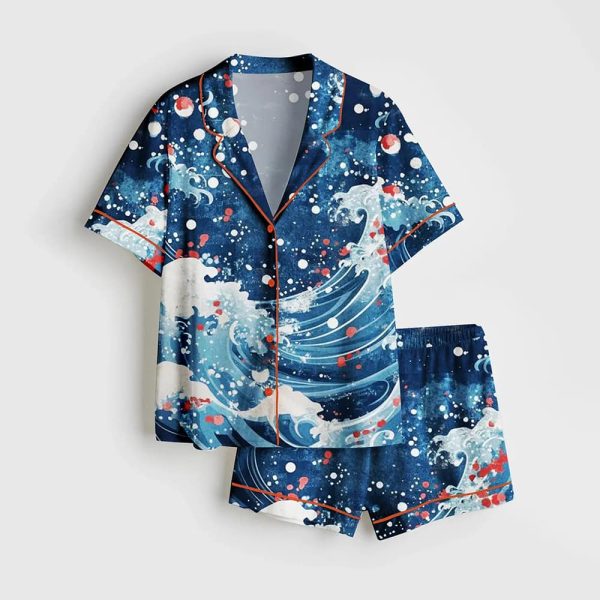 Red Blue White Japanese Sea Satin Pajama Set
