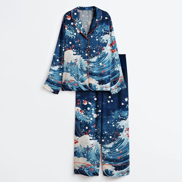 Red Blue White Japanese Sea Satin Pajama Set 3