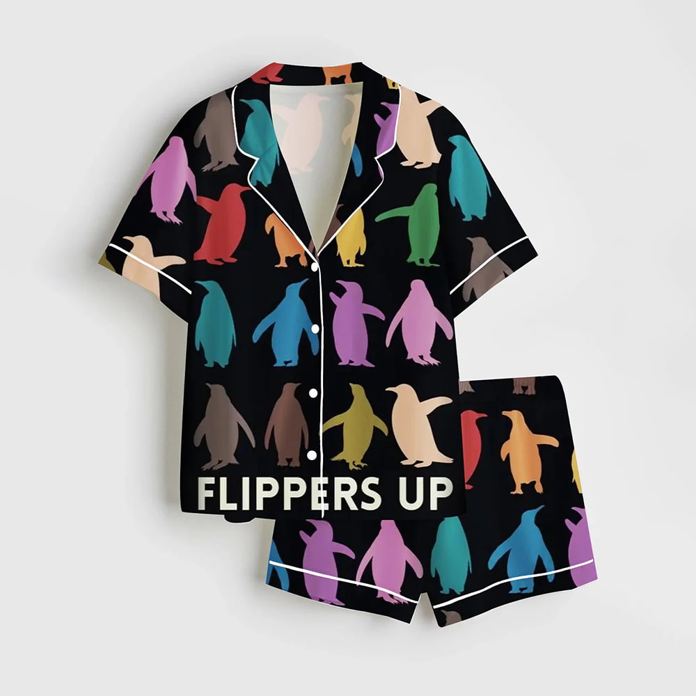 Resist Flippers Up Penguins Against Print Satin Pajama Set Resist Flippers Up Penguins Against Print Satin Pajama Set