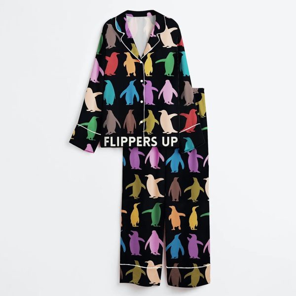 Resist Flippers Up Penguins Against Print Satin Pajama Set 3