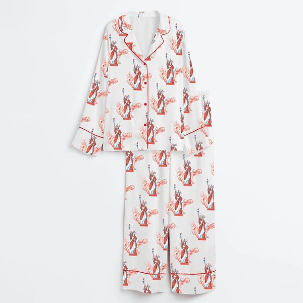 Statue of Liberty Red White And Boozy Beer Cocktail Club 4th Of July Satin Pajama Set 3