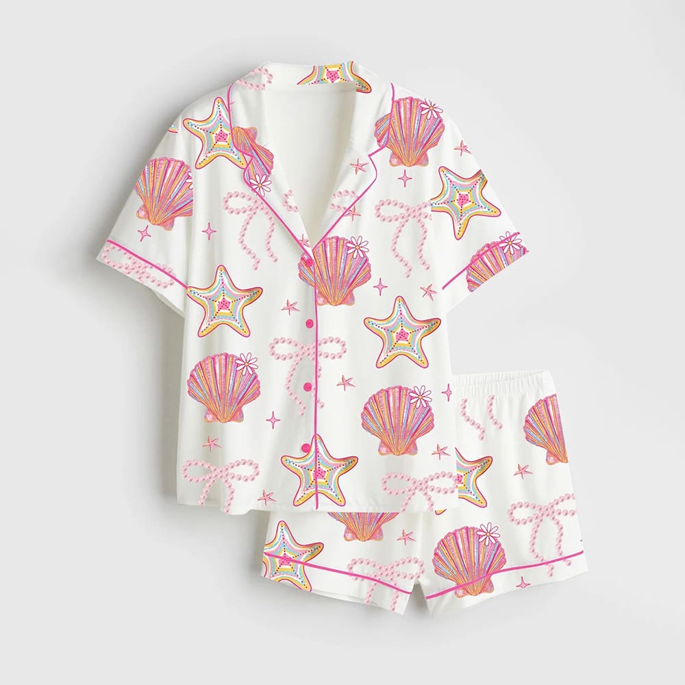 Summer Clam Coquette Bow Summer Vibes Pink Clam Summer Beach Satin Pajama Set Summer Clam Coquette Bow Summer Vibes Pink Clam Summer Beach Satin Pajama Set