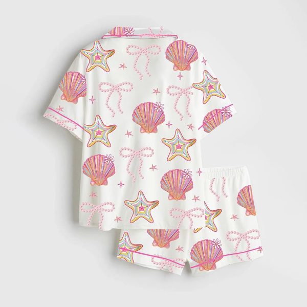 Summer Clam Coquette Bow Summer Vibes Pink Clam Summer Beach Satin Pajama Set 2