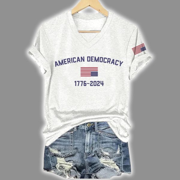 V Neck Retro American Democracy 1776 2024 Print T Shirt 2