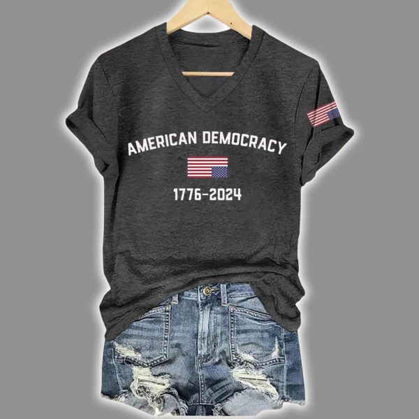 V Neck Retro American Democracy 1776 2024 Print T Shirt 3