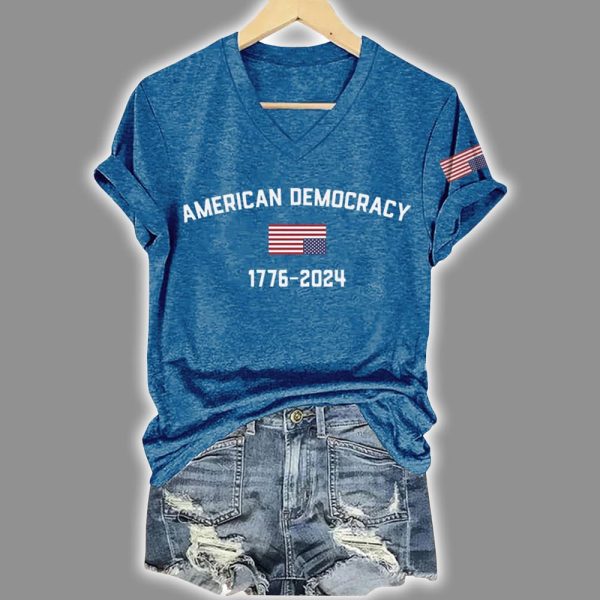V Neck Retro American Democracy 1776 2024 Print T Shirt 4