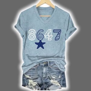 V-Neck Retro 8647 Starfish Seashells Print Shirt