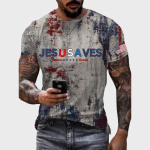 Vintage USA Jesus Saves Flag Printed Round Neck 3D T-Shirt