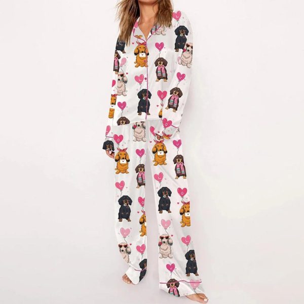 Dachshund Cute Dog Valentines Day Satin Pajama Set 2