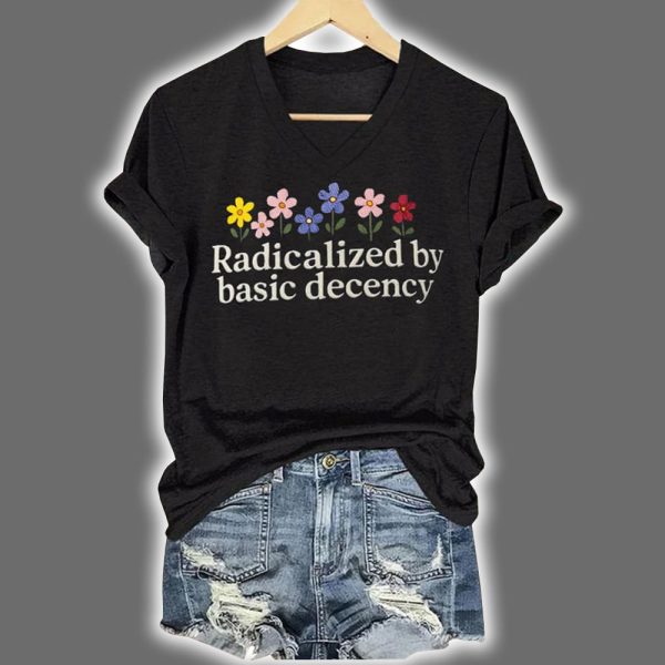 Floral Retro Radicalized by Basic Decency Print V Neck T Shirt 2