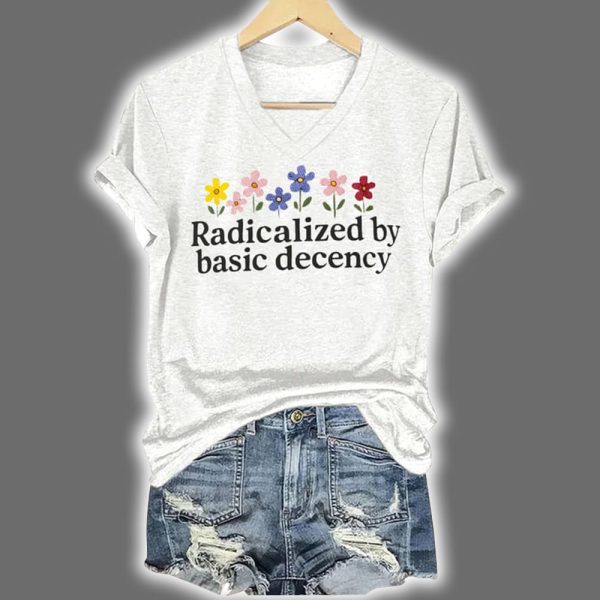 Floral Retro Radicalized by Basic Decency Print V Neck T Shirt 3