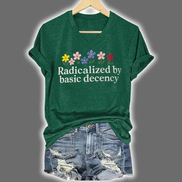 Floral Retro Radicalized by Basic Decency Print V Neck T Shirt 4