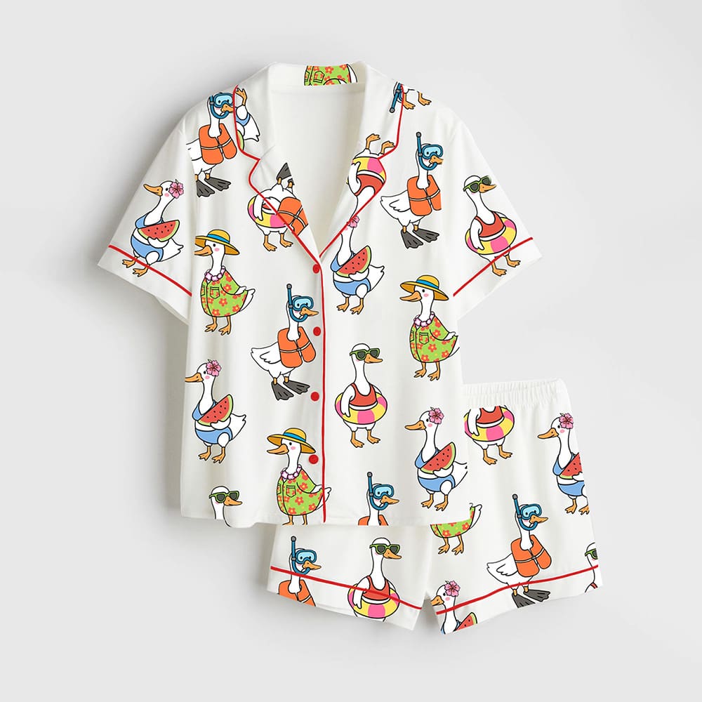 Just A Silly Goose Summer Cute Retro Goose Print Satin Pajama Set Just A Silly Goose Summer Cute Retro Goose Print Satin Pajama Set