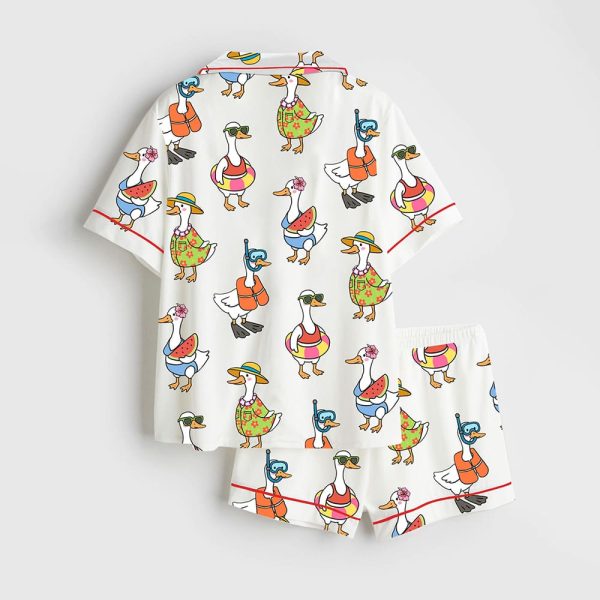 Just A Silly Goose Summer Cute Retro Goose Print Satin Pajama Set 2