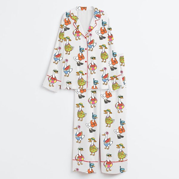 Just A Silly Goose Summer Cute Retro Goose Print Satin Pajama Set 3