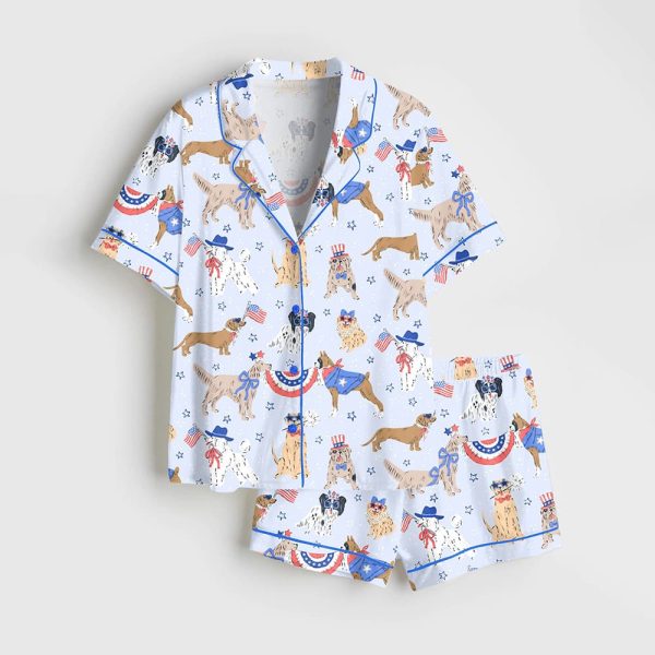 Patriotic Dog Art America Red White And Blue Summer Print Satin Pajama Set