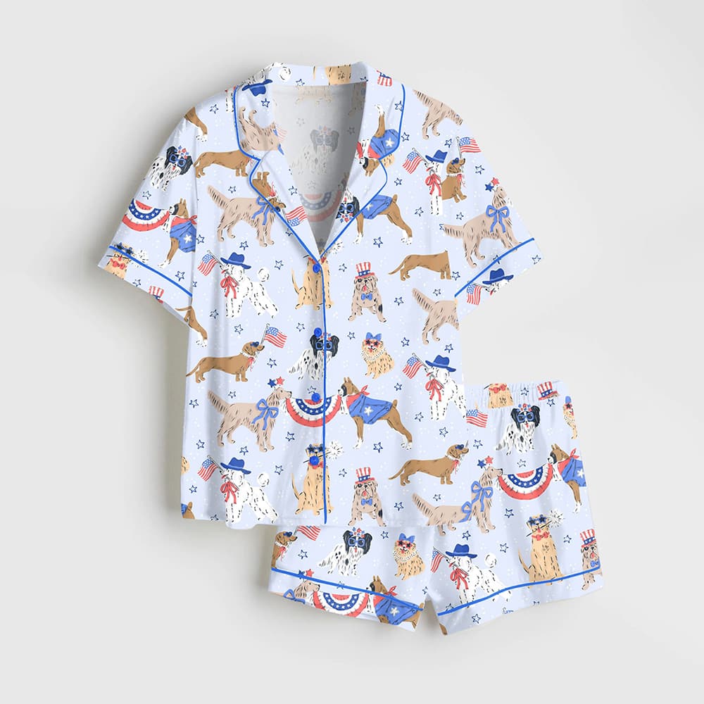 Patriotic Dog Art America Red White And Blue Summer Print Satin Pajama Set Patriotic Dog Art America Red White And Blue Summer Print Satin Pajama Set