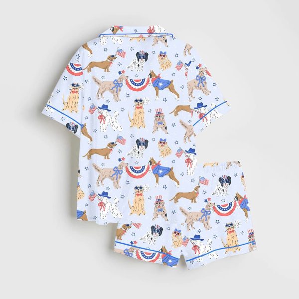 Patriotic Dog Art America Red White And Blue Summer Print Satin Pajama Set 2