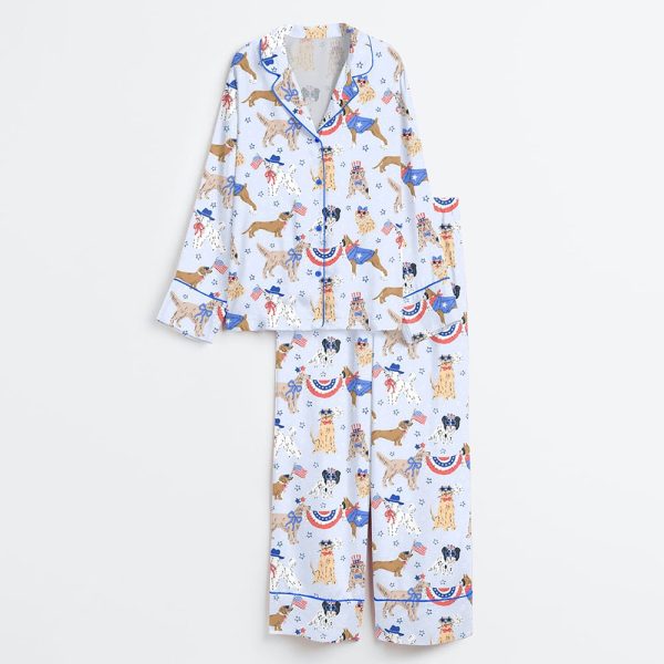 Patriotic Dog Art America Red White And Blue Summer Print Satin Pajama Set 3