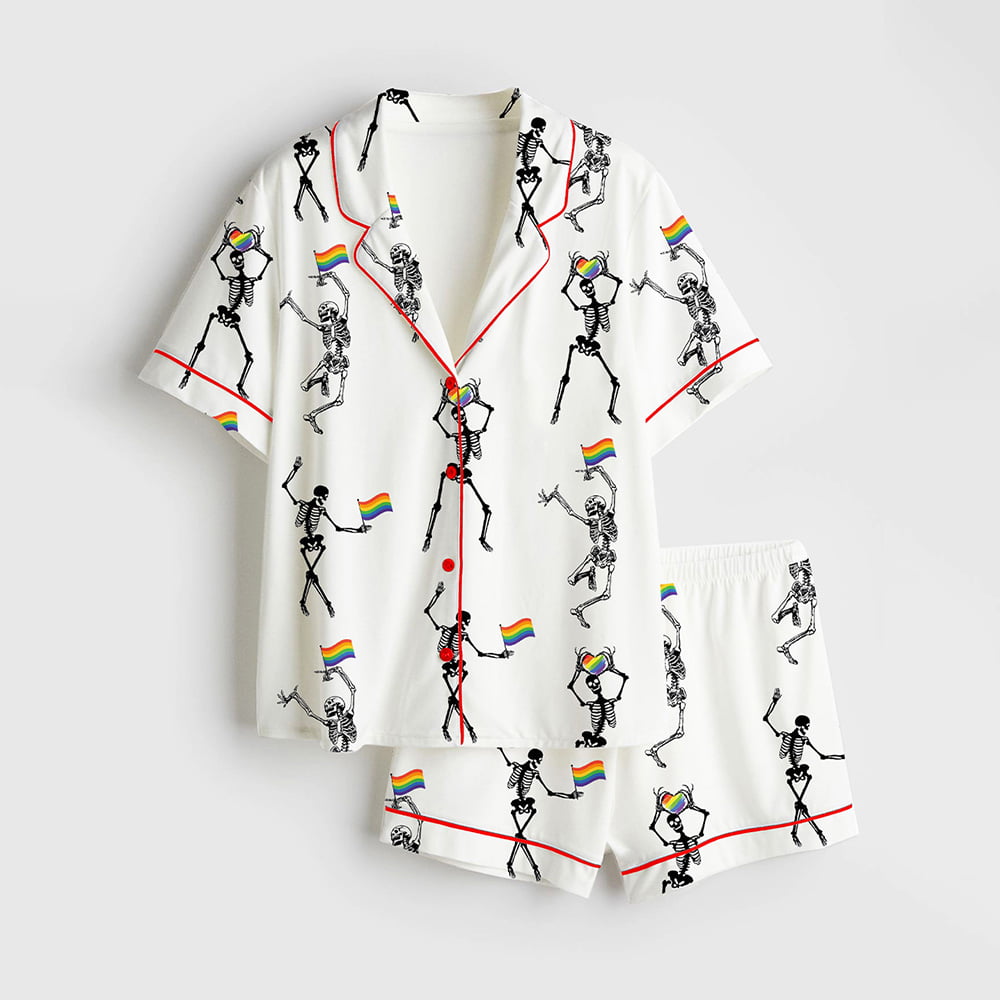 Skeleton Pride Rainbow LGBTQ Funny Gay Pride Print Satin Pajama Set Skeleton Pride Rainbow LGBTQ Funny Gay Pride Print Satin Pajama Set