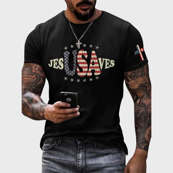 USA Jesus Saves Printed Round Neck Vintage T-Shirt