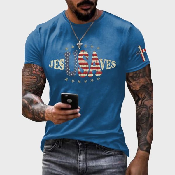 USA Jesus Saves Printed Round Neck Vintage T Shirt 2