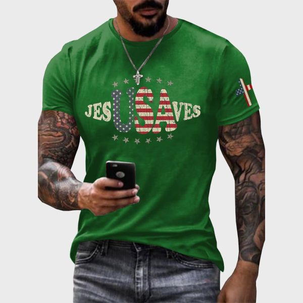 USA Jesus Saves Printed Round Neck Vintage T Shirt 4
