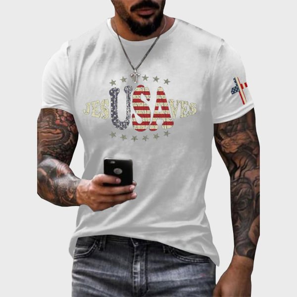 USA Jesus Saves Printed Round Neck Vintage T Shirt 5