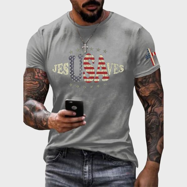 USA Jesus Saves Printed Round Neck Vintage T Shirt 6