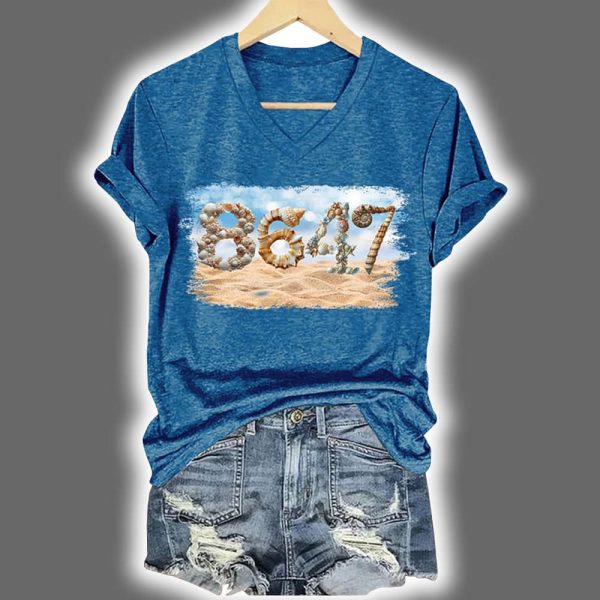 V-Neck Retro 8647 Beach Seashells Print Shirt