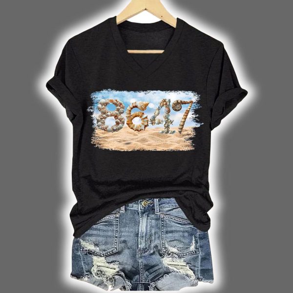 V Neck Retro 8647 Beach Seashells Print Shirt 2