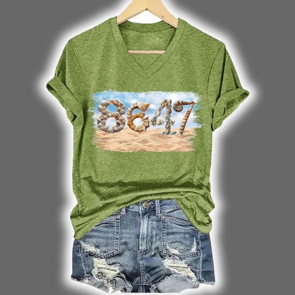V Neck Retro 8647 Beach Seashells Print Shirt 3