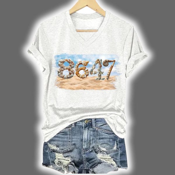 V Neck Retro 8647 Beach Seashells Print Shirt 4