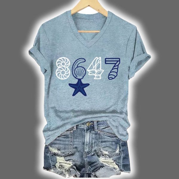V-Neck Retro 8647 Starfish Seashells Print Shirt