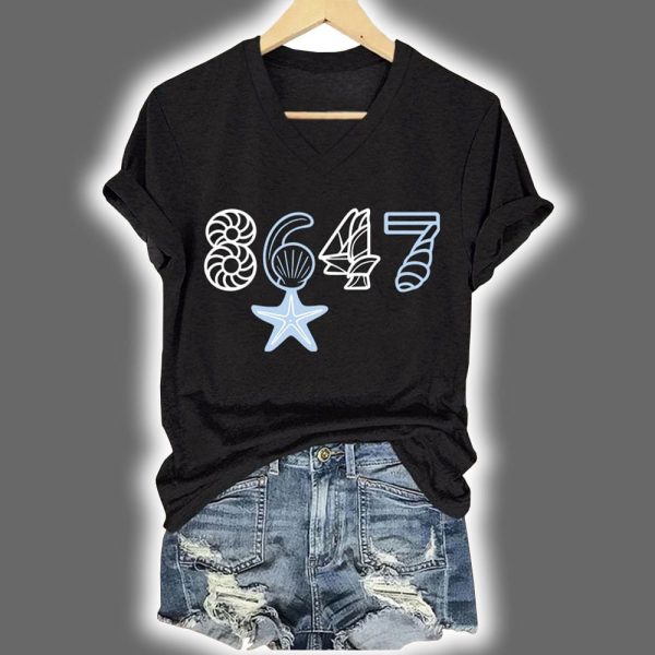 V Neck Retro 8647 Starfish Seashells Print Shirt 2