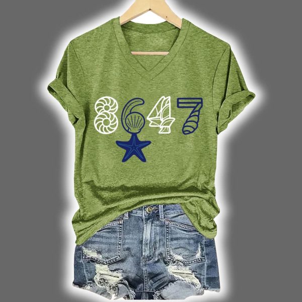 V Neck Retro 8647 Starfish Seashells Print Shirt 3
