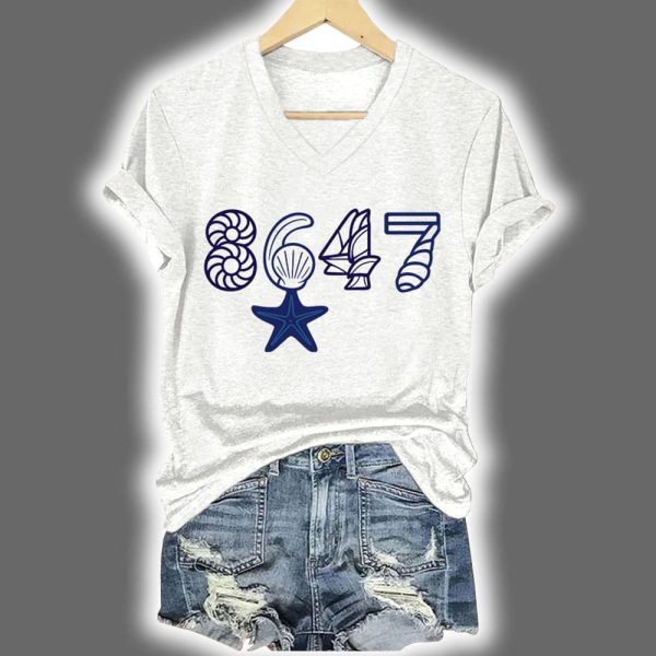 V Neck Retro 8647 Starfish Seashells Print Shirt 4