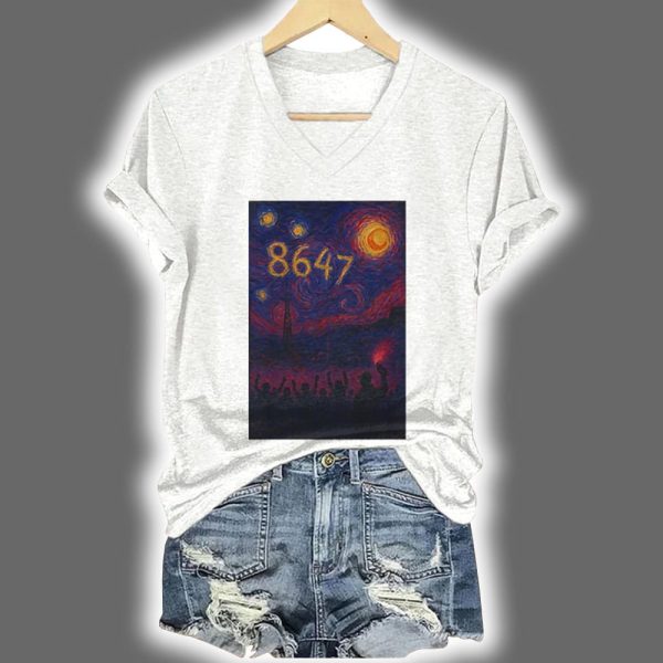V Neck Retro 8647 Starry Night Print Shirt 3