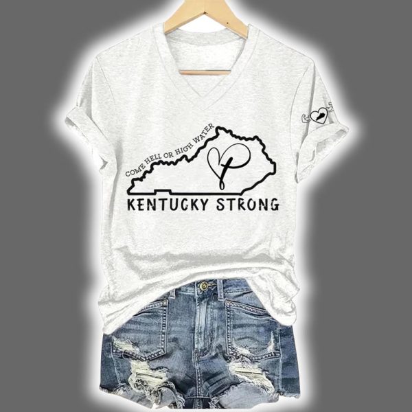 V Neck Retro Come Hell Or High Water Kentucky Strong Faith Cross Print T Shirt 3