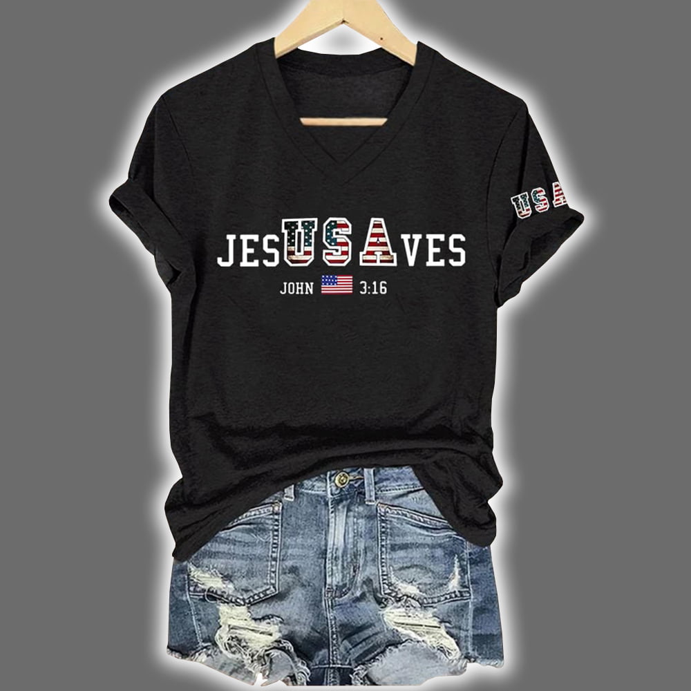 Vintage USA Jesus Saves Printed V-Neck T-Shirt Vintage USA Jesus Saves Printed V-Neck T-Shirt