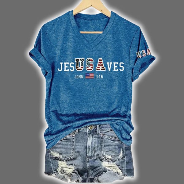 Vintage USA Jesus Saves Printed V Neck T Shirt 2