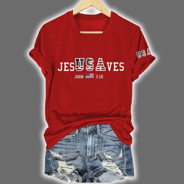 Vintage USA Jesus Saves Printed V Neck T Shirt 3