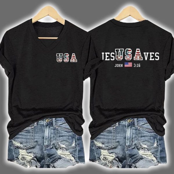 Vintage USA Jesus Saves Two-Sided Printed V-Neck T-shirt