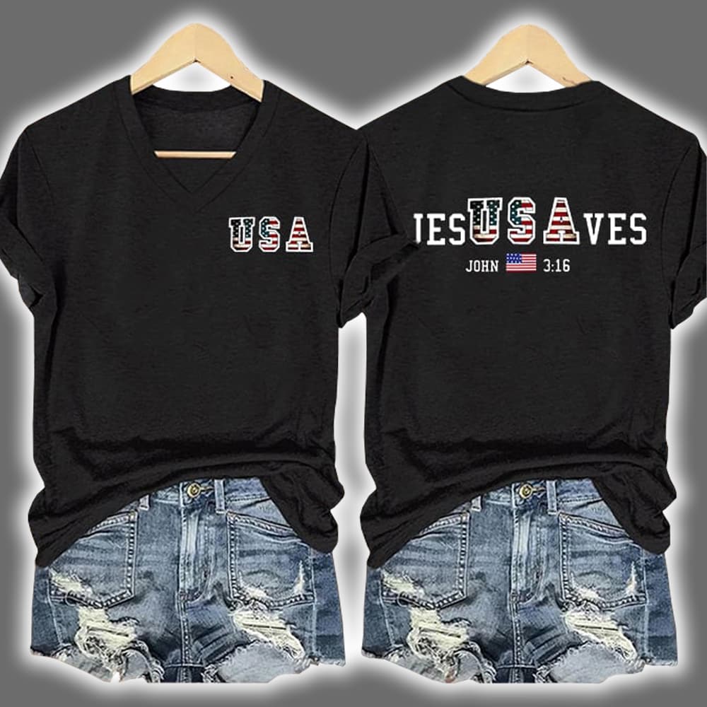 Vintage USA Jesus Saves Two-Sided Printed V-Neck T-shirt Vintage USA Jesus Saves Two-Sided Printed V-Neck T-shirt
