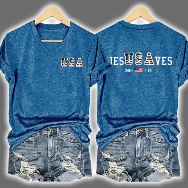 Vintage USA Jesus Saves Two Sided Printed V Neck T shirt 2