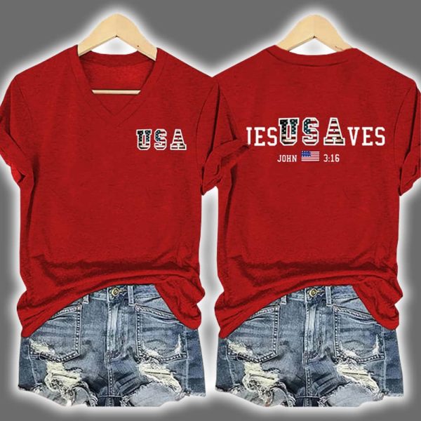 Vintage USA Jesus Saves Two Sided Printed V Neck T shirt 3