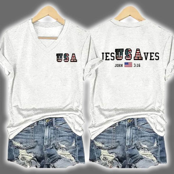 Vintage USA Jesus Saves Two Sided Printed V Neck T shirt 4
